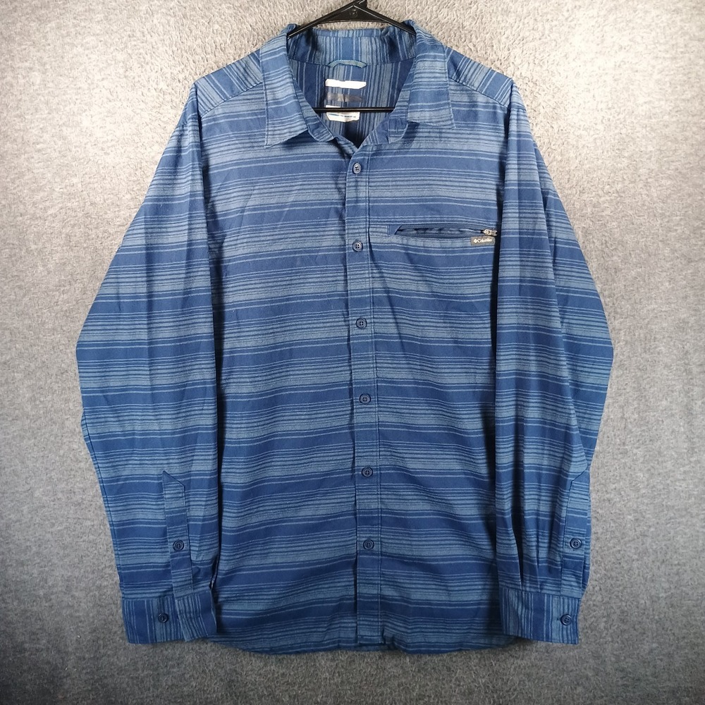 Columbia Sportswear Men L Performance Shirt Blue Stripe Omni-Wick Stretch